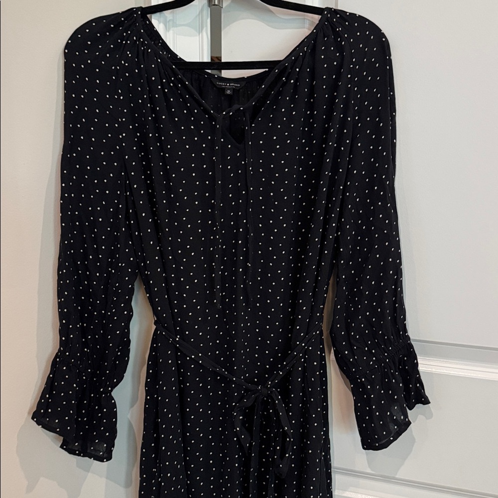 Lucky Brand Black and Cream Polka Dot Belted V neck tie Long Sleeve Dress